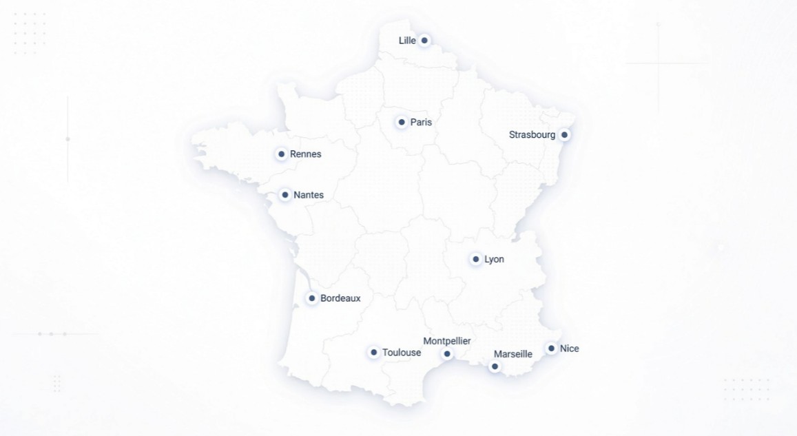 Carte de couverture commerciale en France - Paris, Marseille, Lyon, Toulouse, Bordeaux, Lille, Nantes, Nice, Rennes, Strasbourg
